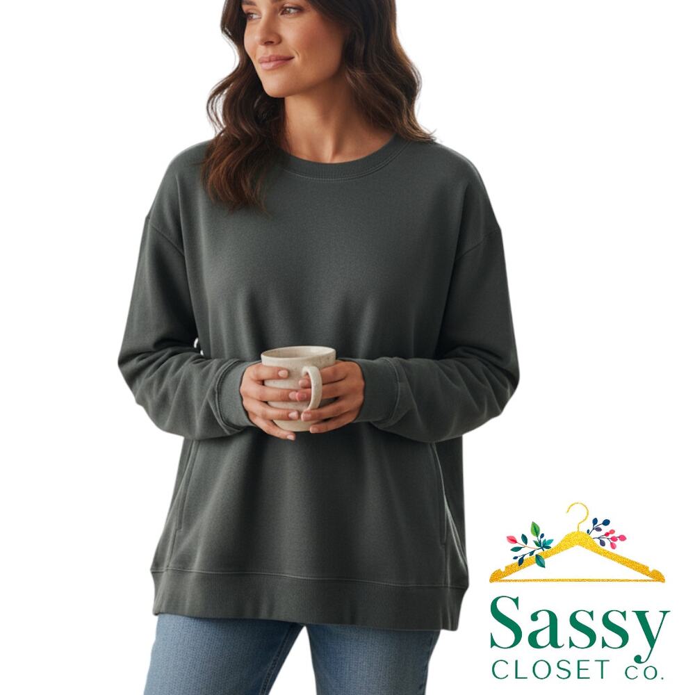 Sage Collective Olive Green Pullover Sweatshirt Top Pockets Women’s M EUC